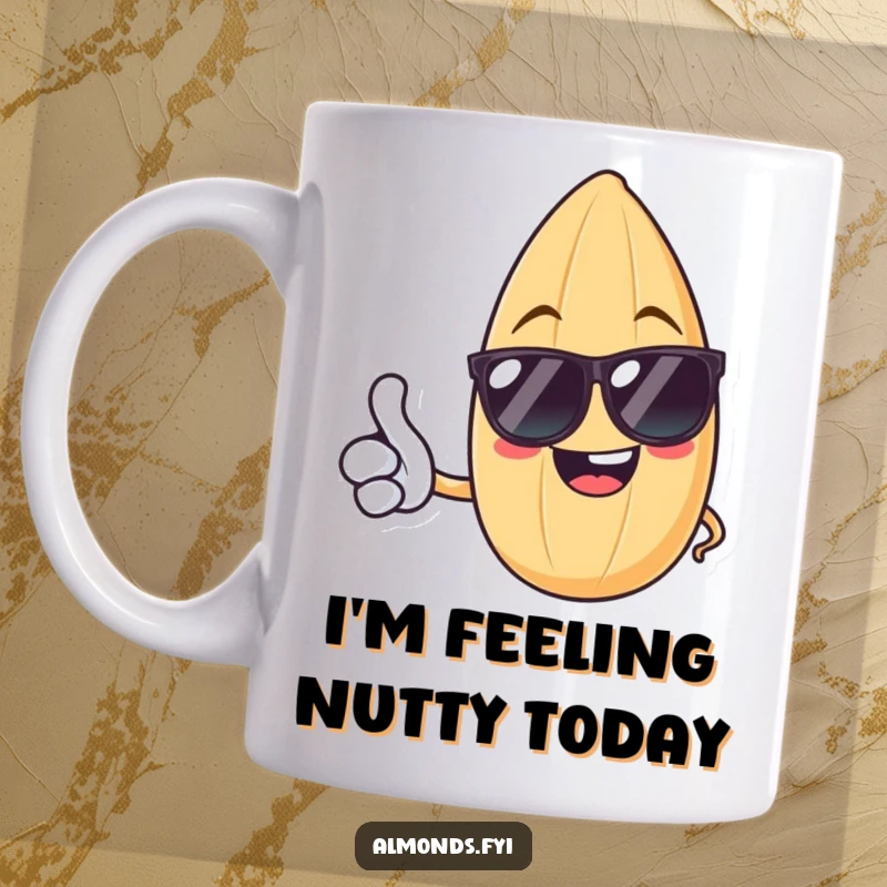 Funny mug with a cheerful almond wearing sunglasses, giving a friendly thumbs up, radiating positive energy for a great day.