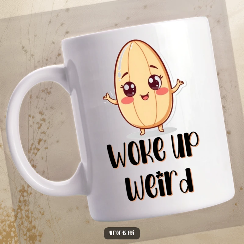Funny coffee mug featuring a playful almond character with googly eyes, energetically doing a comical wiggle, radiating pure fun.
