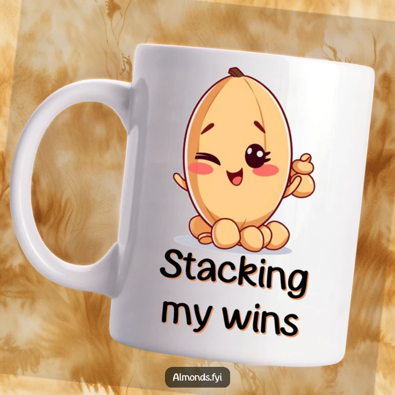 Funny mug featuring a mischievous almond character winking while expertly balancing a precarious stack of tiny nuts.