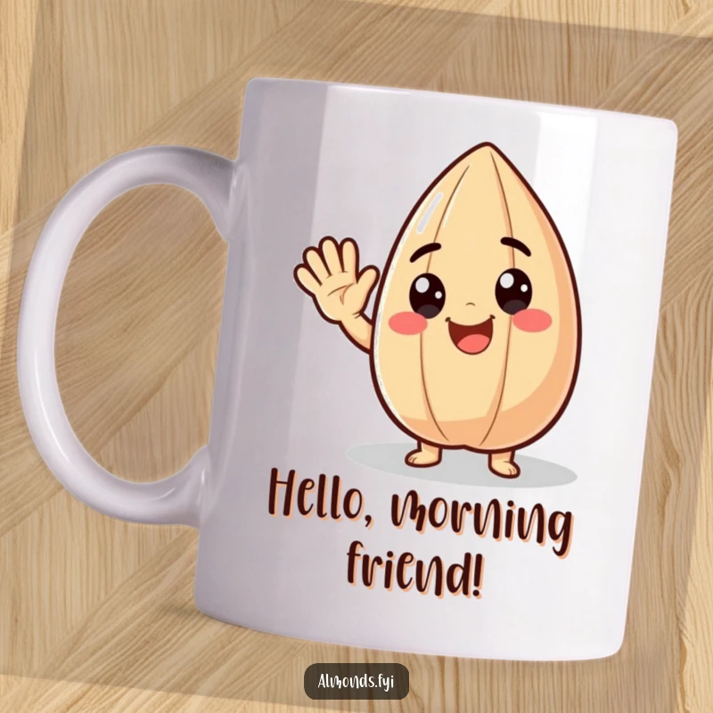 Funny mug featuring a delighted almond character waving enthusiastically, conveying cheerful greetings and happiness.