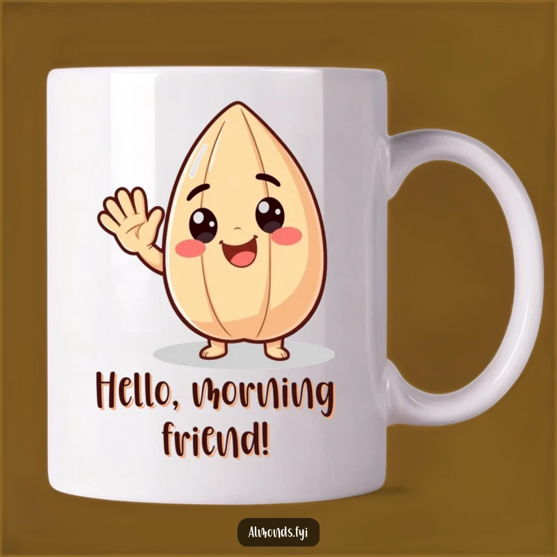 Funny Almond Mug: Delighted Character Waving, Perfect Happy Greeting Gift