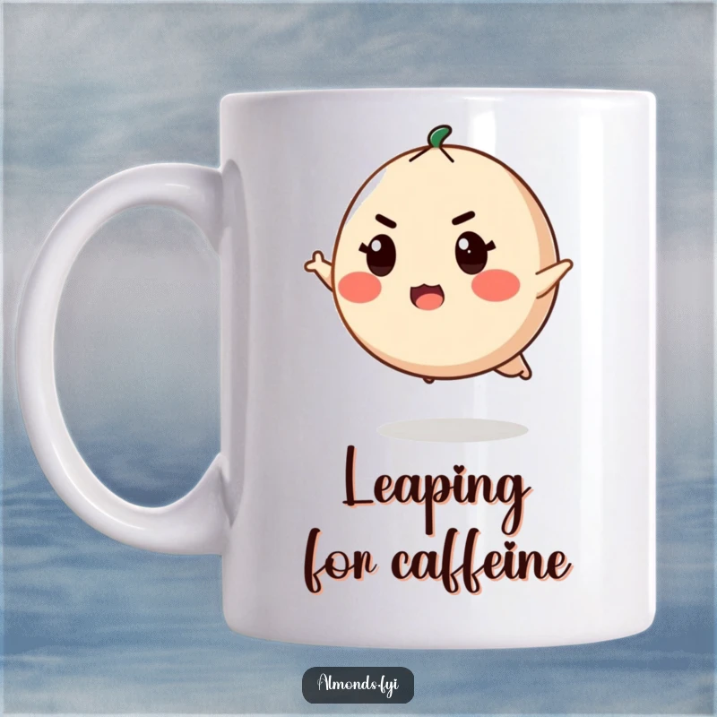 Funny mug featuring a determined, round almond character with a fierce expression, poised to leap into action.