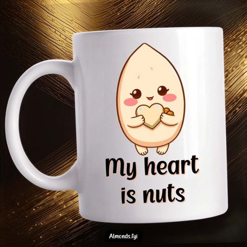 Funny mug featuring a deeply blushing almond character tenderly holding a tiny, heart-shaped nut.