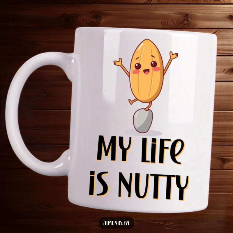 Funny mug with a cheerful almond character hilariously attempting to balance on a single point, showcasing determination and wobbles.