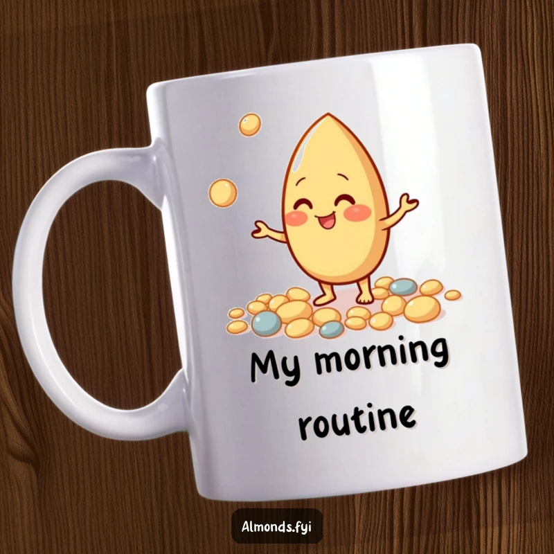 Funny mug featuring a giggling almond character skillfully juggling small pebbles, radiating cheerful energy.