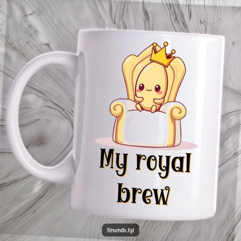 Funny mug showing a shy almond wearing a tiny crown, awkwardly trying to sit on a giant sugar cube throne, regal humor.