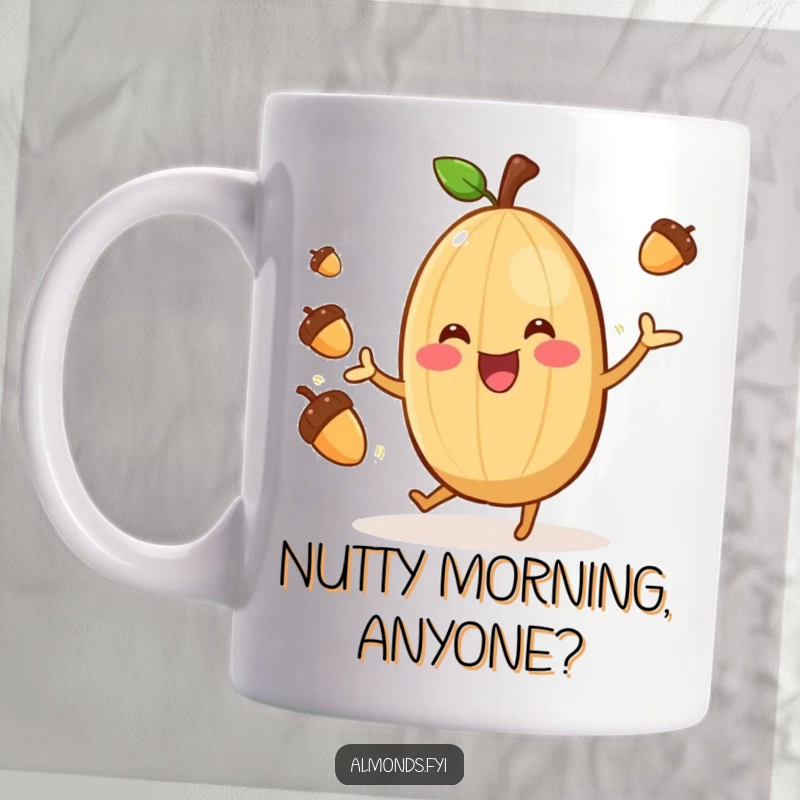 Funny Almond Acrobat Mug: A cheerful, smiling almond character gleefully juggling small acorns, bringing joy and laughter. Perfect gift for nut enthusiasts.