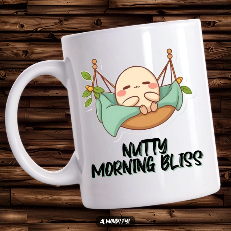 Funny Mug: A content almond character lounging happily in a tiny hammock, embodying ultimate relaxation.