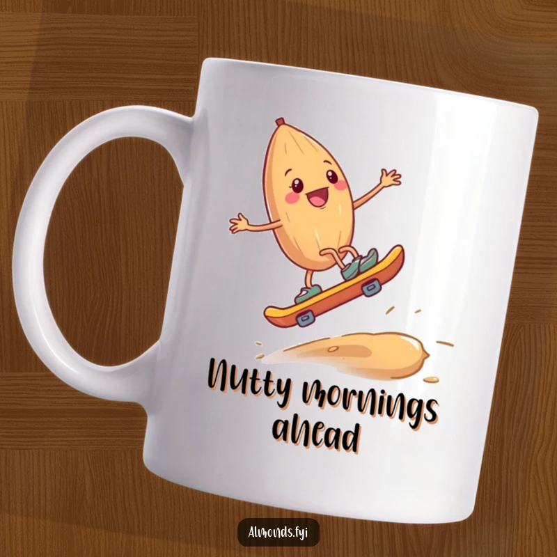 Funny mug showing a happy almond with tiny legs joyfully skateboarding downhill on a giant cashew, a whimsical and hilarious nutty adventure.