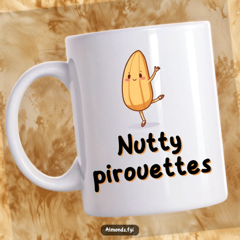Funny mug with a playful almond character attempting a ballet pose with awkward, exaggerated movements, looking endearingly uncoordinated.