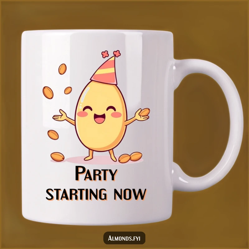 Funny Juggling Almond Mug - Happy Nut in Party Hat, Perfect Celebration Gift!