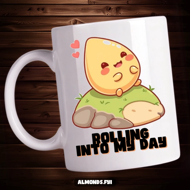 Funny Rolling Almond Mug: A giggling, happy almond character joyfully rolling down a small hill, full of glee. Perfect funny gift.