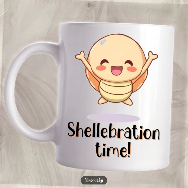 Funny Mug: A cute, happy shell character joyfully jumping in the air, spreading positivity and cheer.