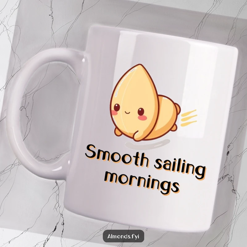 Funny mug with a playful almond character speeding down a polished surface with excitement, symbolizing fun and exhilaration.