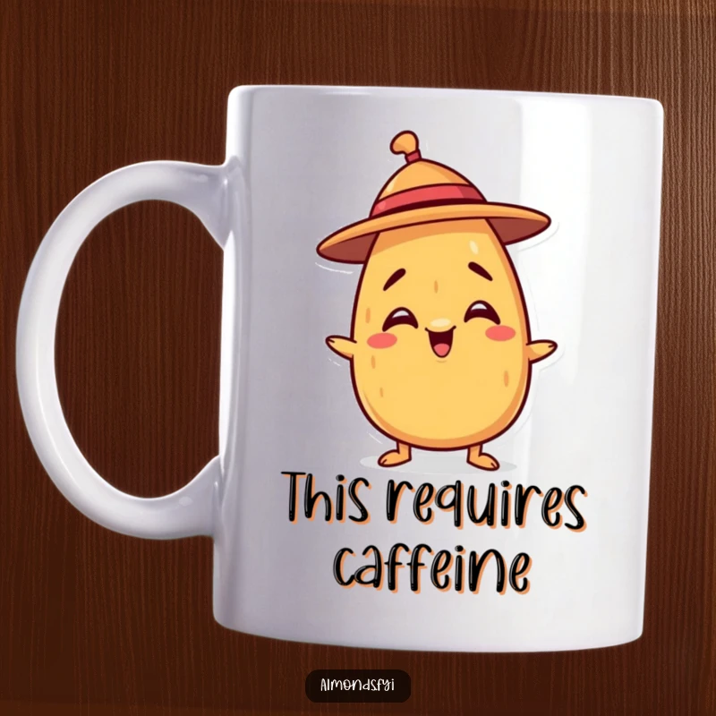 Funny mug featuring a mischievous almond character struggling to balance a tiny hat on its head, bringing playful humor.