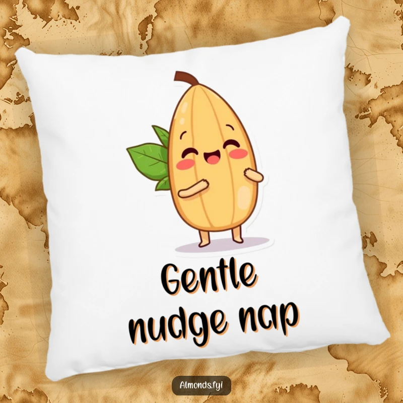 Funny pillow featuring a delighted almond character playfully bopping a smaller almond with its tip, designed for comfort and smiles.
