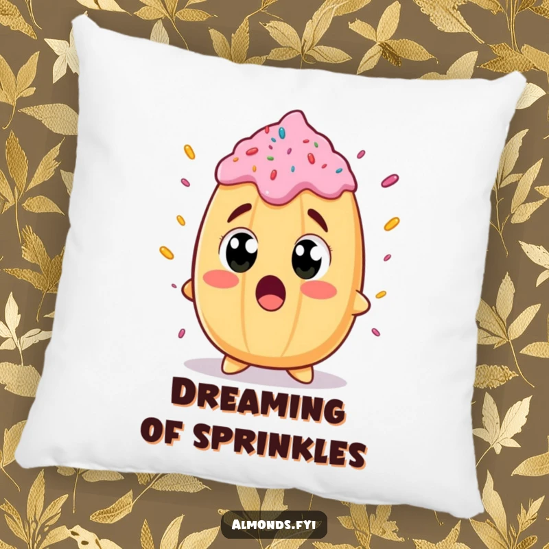 Funny pillow featuring a delighted almond character with wide eyes, surprised by a giant sprinkle, designed for comfort and smiles.