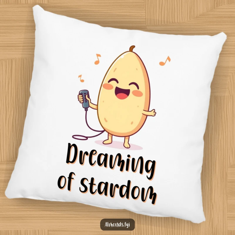 Funny pillow featuring a plush, joyful almond character holding a miniature microphone, looking ready to perform.