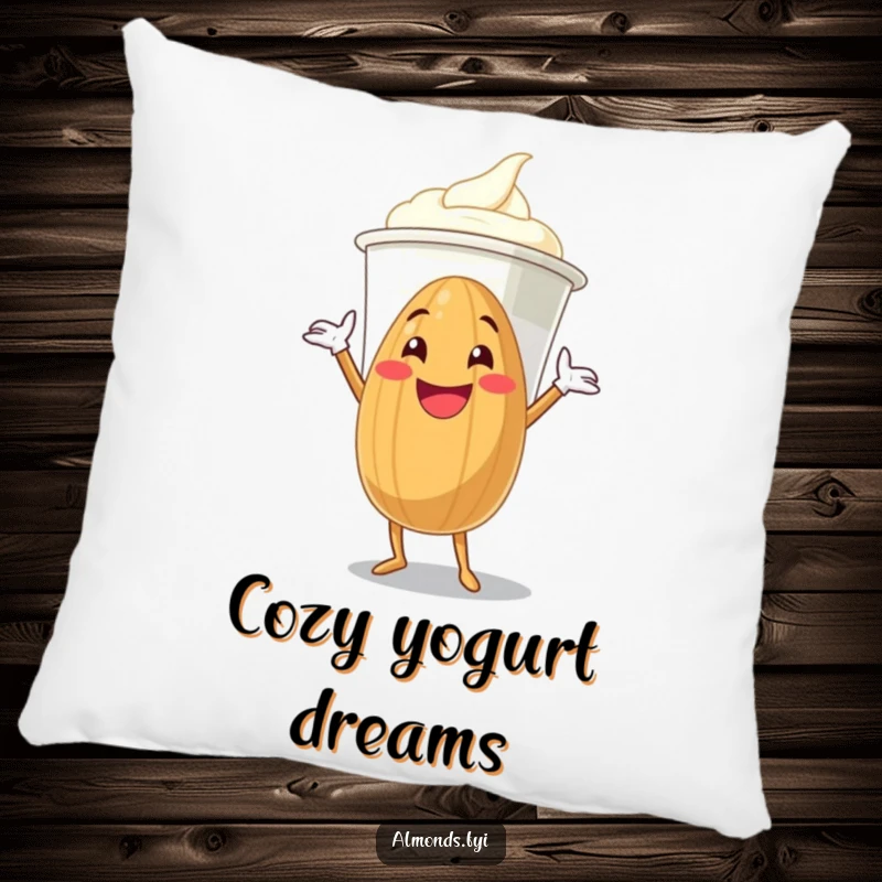 Funny grinning almond character attempting to hug a giant yogurt cup on a soft and funny pillow.