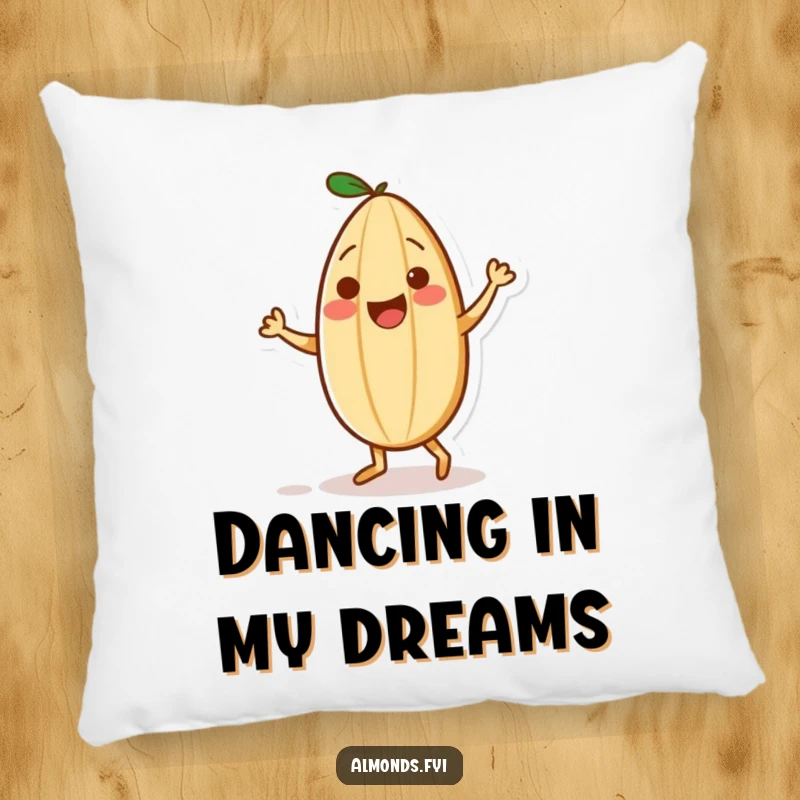 Funny pillow showing a playful almond character dancing with a small sprinkle partner, perfect for adding comfort and fun.