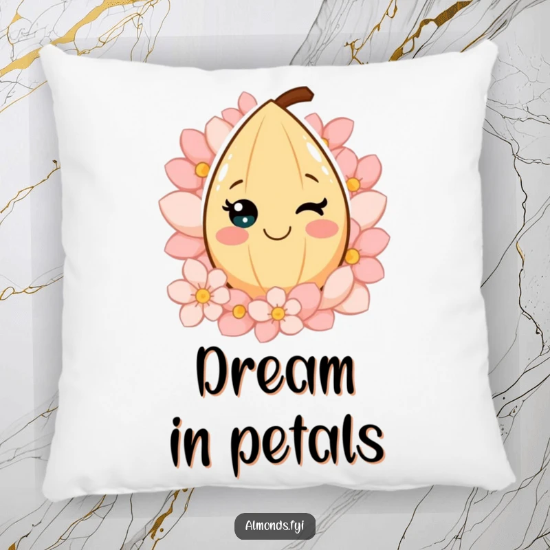 Funny pillow with a smiling almond character nestled among colorful petals, providing comfort and a cheerful, floral decorative accent.
