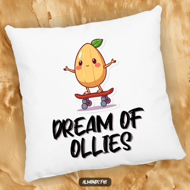 Funny pillow featuring a plush, whimsical almond character balancing on a miniature skateboard, looking comfortable.