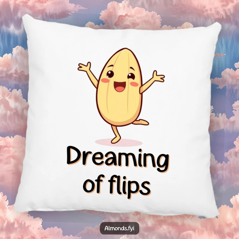 Funny Pillow featuring a cheerful almond character in mid-cartwheel, designed for cozy comfort and energetic vibes.
