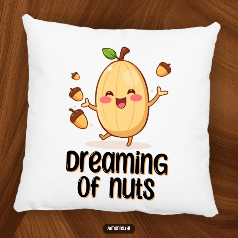 Funny Almond Juggler Pillow: Cheerful almond character gleefully juggling acorns, soft and humorous decorative pillow. Wonderful funny gift.