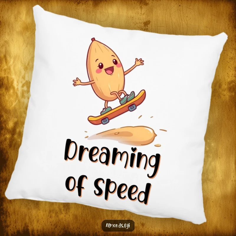 Funny pillow featuring a happy almond with tiny legs skateboarding on a cashew, offering plush comfort and humorous appeal.