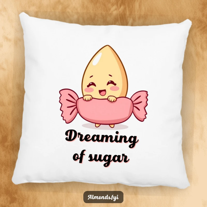 Soft pillow featuring a funny giggling almond character peeking from behind a giant candy wrapper, for cozy humor.