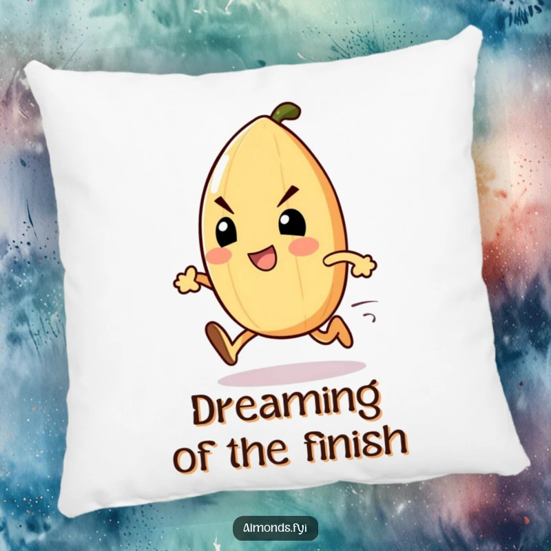 Funny Almond Sprinter Pillow: An excited almond character with a determined face, sprinting forward with focus. Wonderful funny gift.