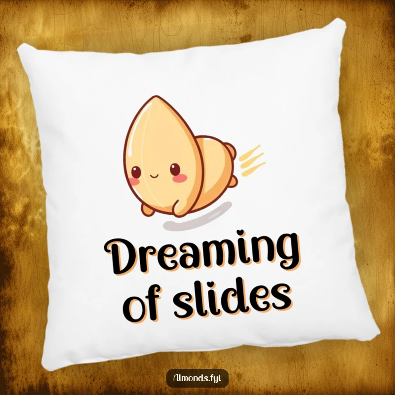 Funny decorative pillow with a playful almond character sliding rapidly down a polished surface, perfect for cozy, energetic, and fun spaces.