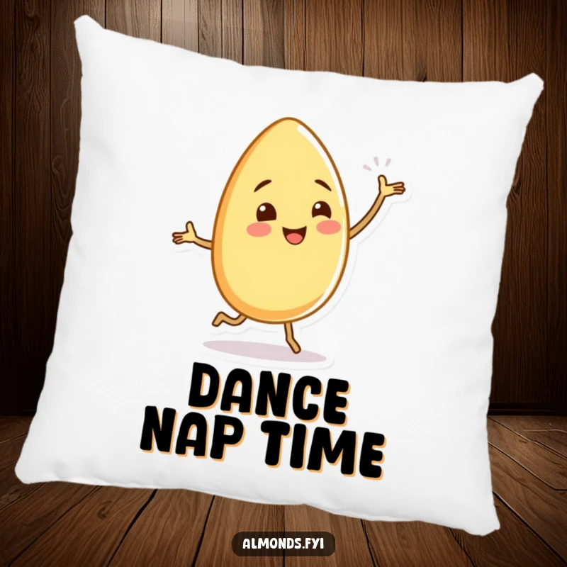 Soft pillow featuring a funny almond character doing a silly dance with tiny, wiggling legs, adding comfort and humor.