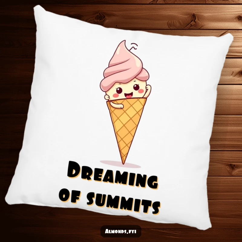 Funny pillow: tenacious almond character reaching the summit of a delicious ice cream cone, serving comfort and laughs.