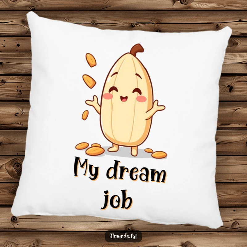 Funny Pillow featuring a happy almond character in mid-air, juggling tiny almond slivers, offering both comfort and nutty amusement.