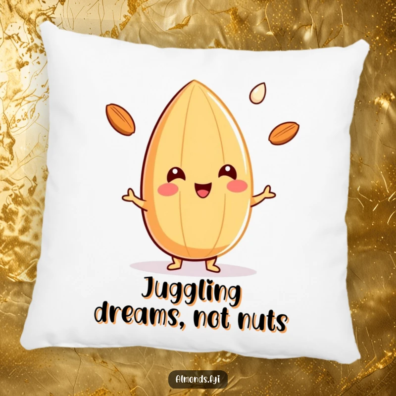 Funny pillow showcasing a happy almond character juggling three small drops of almond milk, perfect for adding comfort and humor.