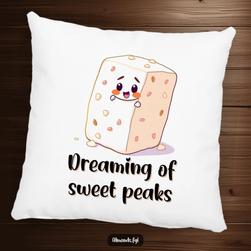 Funny pillow depicting a determined almond character mid-climb on a sugar cube, offering a humorous symbol of perseverance.