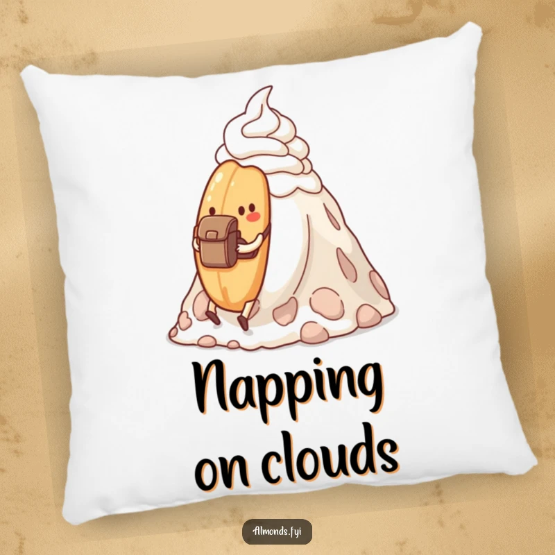 Funny determined almond hiking a whipped cream mountain, depicted on a soft pillow.