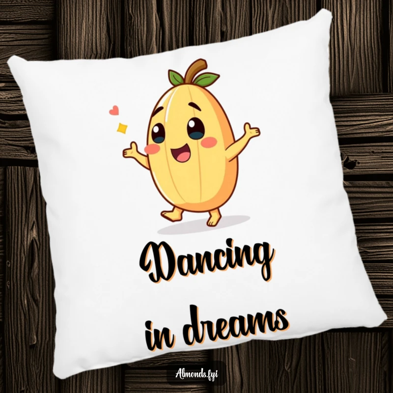 Funny Pillow featuring a giggling almond character in a funny dance pose, designed for cozy comfort and humorous vibes.