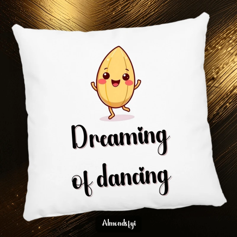 Funny pillow with a happy almond character doing a little jig, its shell wiggling with infectious fun.