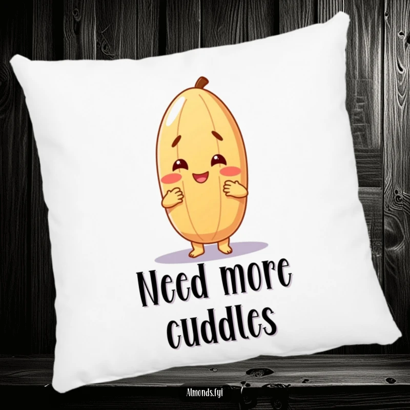 Funny throw pillow depicting a cheerful almond character giving a warm, friendly hug, perfect for adding comfort and charm to seating.