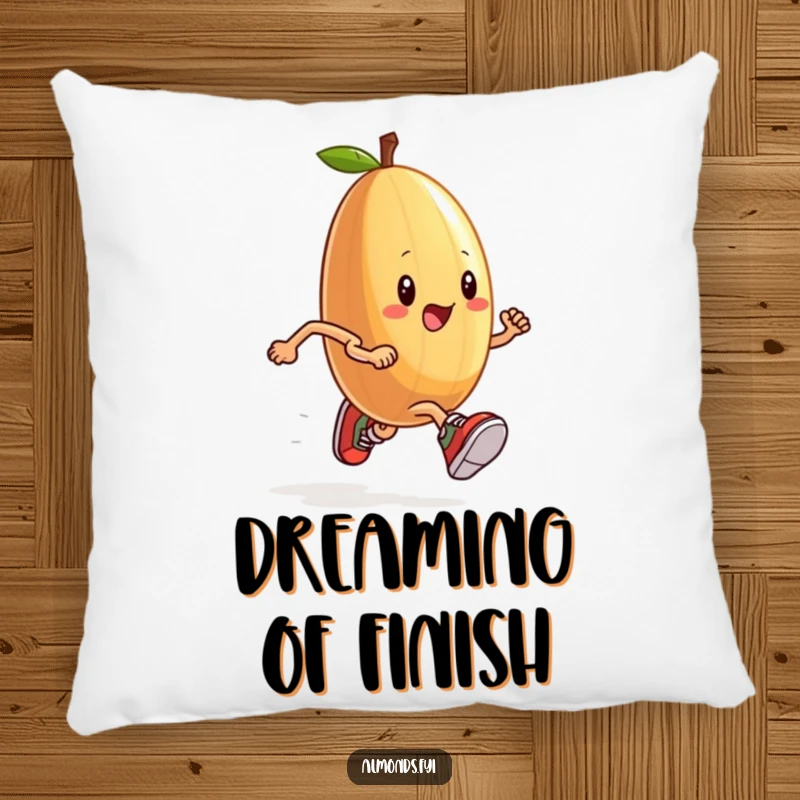 Funny pillow featuring an anthropomorphic almond wearing tiny sneakers, running a race, perfect for cozy comfort.