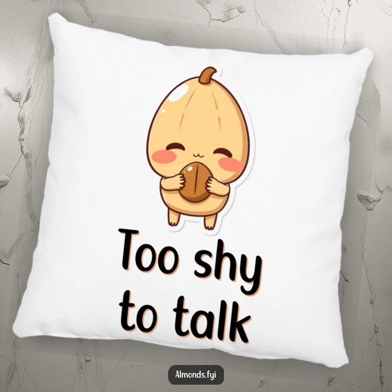 Funny Pillow featuring a shy almond character blushing and offering a nut, designed for cozy moments and sweet comfort.