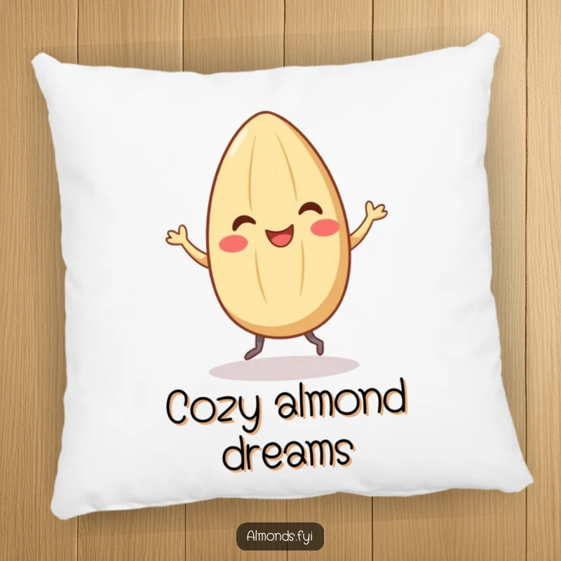 Funny pillow with a smiling almond character dancing with tiny legs, designed to bring comfort and a splash of quirky joy.