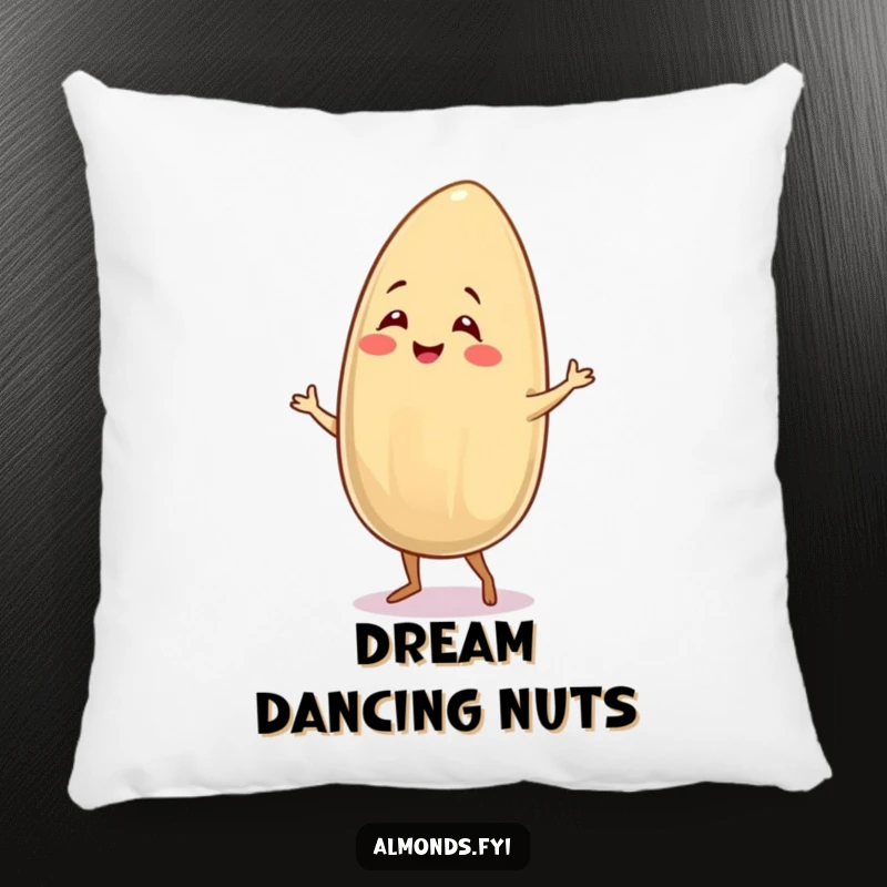 Funny pillow featuring a smiling almond character dancing the salsa, offering soft comfort and nutty humor.