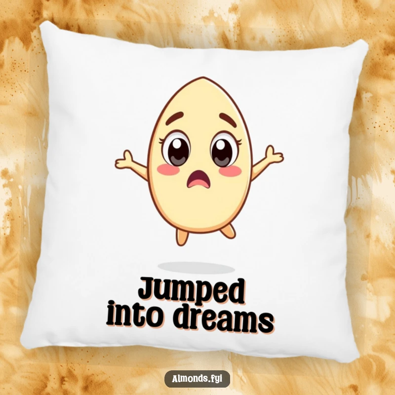 Funny throw pillow depicting a surprised almond character with wide eyes, caught mid-silly jump, perfect for adding playful shock to decor.