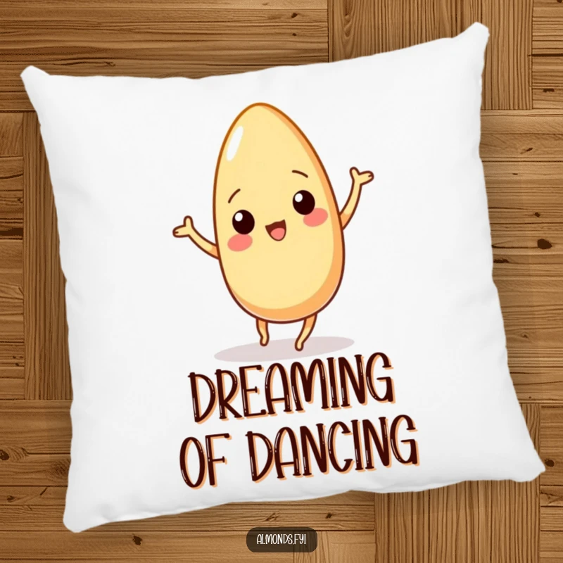 Funny pillow with a wiggling almond character in a joyful dance, offering comfort and a humorous visual for any room.