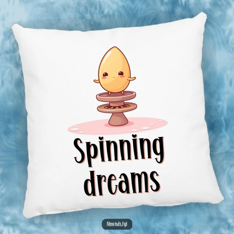 Funny pillow depicting a wobbly almond trying to balance on a spinning sugar top, plush and humorous home decor for a playful vibe.