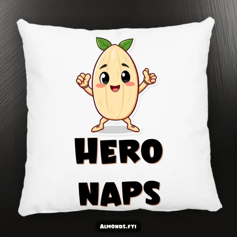 Funny pillow featuring a happy little almond character in a heroic pose, offering soft, motivational comfort.