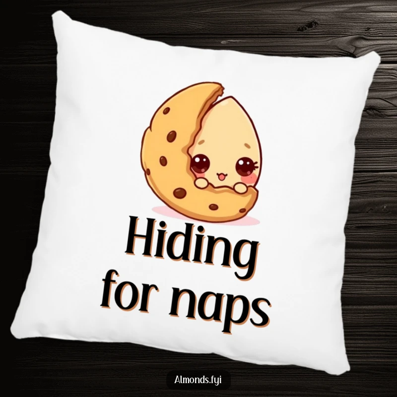 Funny pillow with a curious almond character peeking from behind a cookie, adding a touch of sweet charm. Perfect funny gift.